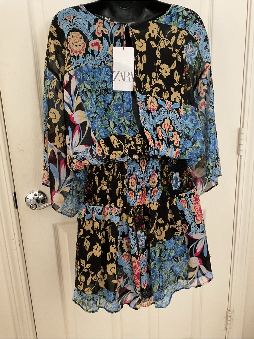 Zara Black Floral Patchwork Smocked Waist Romper with Blue Accents